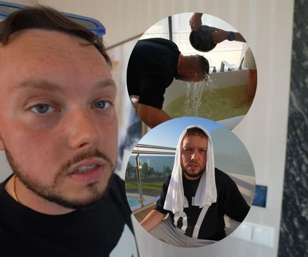 Kolaż zdjęć prezentujący youtubera Książula w trzech ujęciach: zbliżenie twarzy, Książulo próbujący schłodzić się pod prysznicem w wannie z żółtą wodą, oraz siedzący na balkonie z ręcznikiem na głowie. Całość ilustruje problemy z pobytem w hotelu, o czym można przeczytać na naszym portalu.