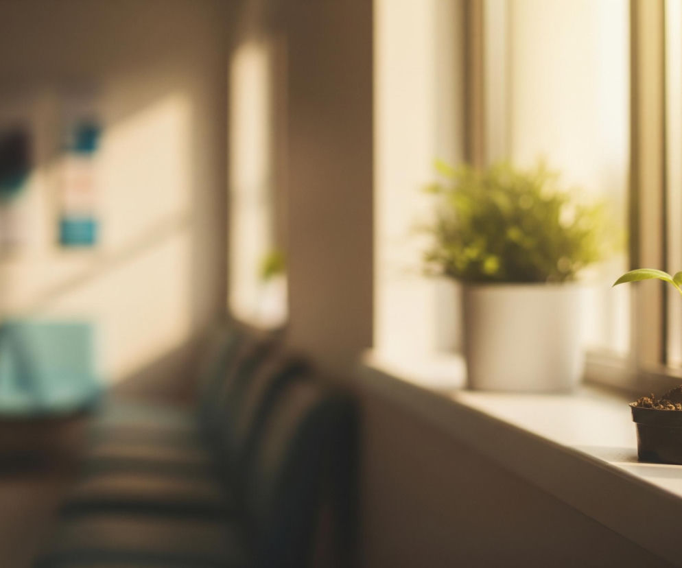 Na pierwszym planie, z prawej strony, na parapecie okna stoi mała czarna doniczka z kiełkiem rośliny o dwóch jasnozielonych liściach. Tuż za nią, po lewej, na tym samym parapecie, znajduje się większa biała doniczka z rozłożystą zieloną rośliną. Za oknem rozciąga się niewyraźny, jasny krajobraz, zalany ciepłym, złocistym światłem słonecznym. W oddali, po lewej stronie obrazu, widać niewyraźne rzędy zielonkawych siedzeń i cienie na ścianie, sugerujące wnętrze jakiejś poczekalni.