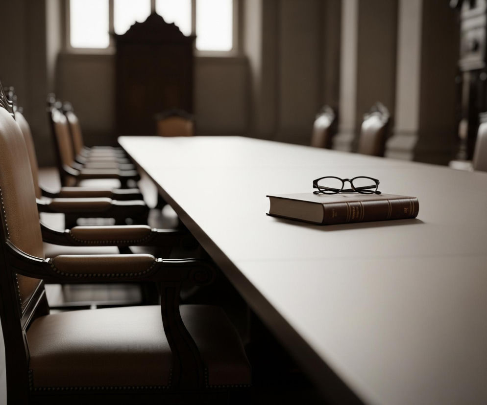 Na długim, kremowym stole leży brązowa księga, a na niej czarne okulary. Stół otaczają ciemnobrązowe, skórzane krzesła z ozdobnymi, drewnianymi ramami, ustawione po obu jego stronach. W tle widoczne są wysokie, prostokątne okna, z których wpada rozproszone światło, oraz elementy architektoniczne, takie jak ciemna, rzeźbiona ambona i filary, wszystko utrzymane w stonowanej, brązowo-szarej kolorystyce.