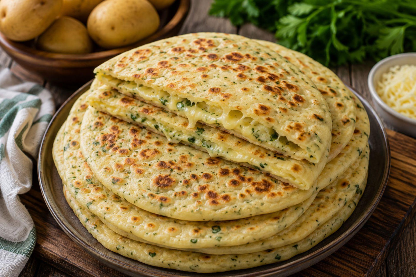 Miękkie placki ziemniaczano-serowe z patelni. Ten flat bread świetnie zastępuje pieczywo i tortille