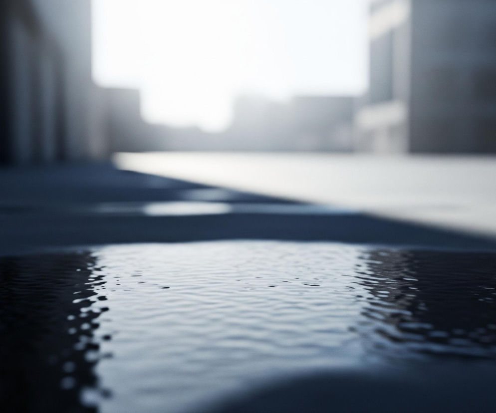 Na pierwszym planie widoczna jest duża kałuża deszczu, zajmująca dolną część obrazu. Powierzchnia wody delikatnie faluje, odbijając rozproszone światło z oddali, tworząc jasne refleksy i ciemniejsze cienie na jej powierzchni. Za kałużą rozciąga się ciemny chodnik lub plac, który prowadzi wzrok w kierunku horyzontu. W tle dominuje intensywne, jasne światło, tworząc efekt silnego blasku, który niemal całkowicie rozmywa kontury niewyraźnych budynków lub konstrukcji architektonicznych. Po lewej stronie widać ciemniejszą, pionową ścianę budynku, a po prawej kolejne zarysy konstrukcji, zanurzone w kontraście światła i cienia.