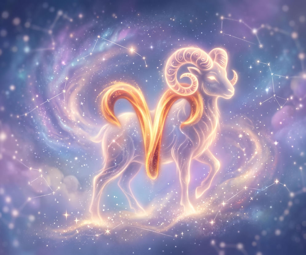 Świecący Baran i symbol zodiaku na tle kosmosu. O horoskopie dziennym dla Barana przeczytasz na Eska.