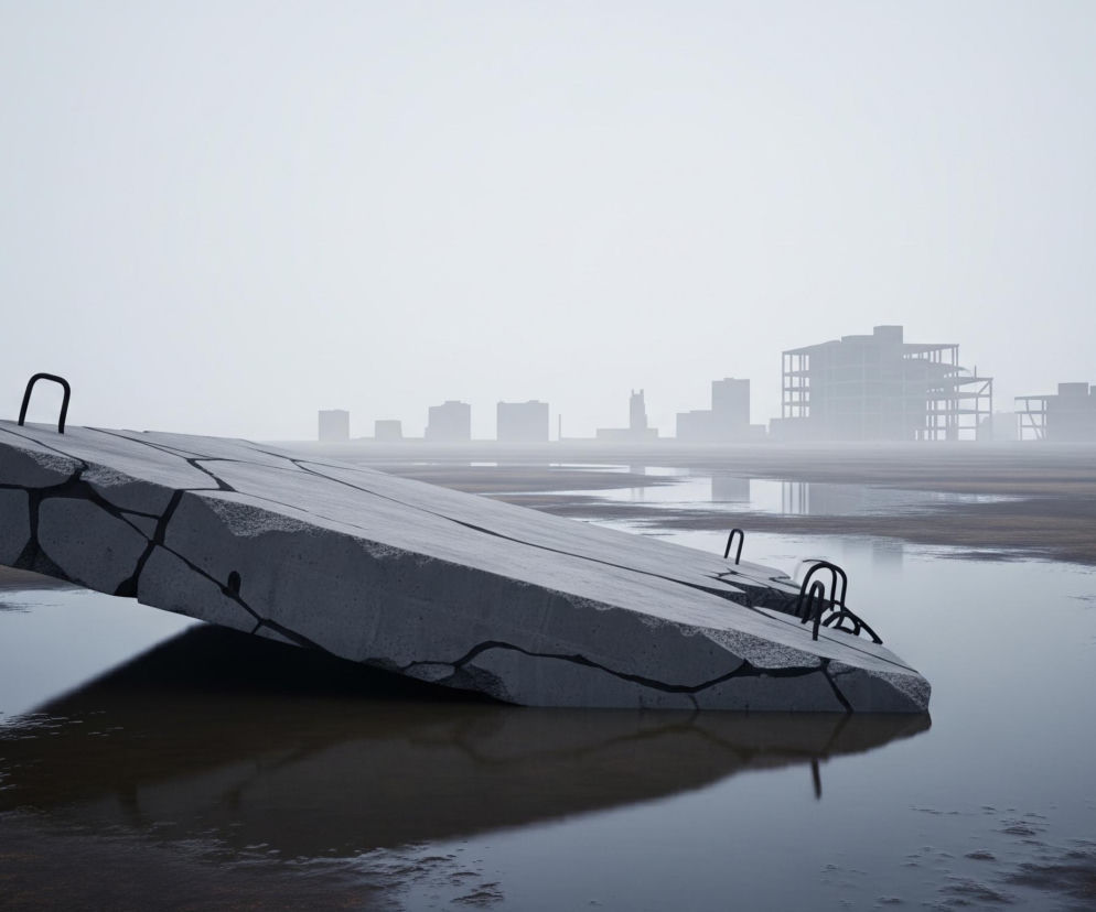 Duża, popękana betonowa płyta, szara z czarnymi liniami pęknięć, leży ukośnie na brązowo-czarnej, mokrej powierzchni. Część płyty jest zanurzona w kałuży wody, a z jej powierzchni wystają czarne, zagięte pręty zbrojeniowe. W oddali, na horyzoncie, z mglistego, jasnoszarego tła wyłaniają się zamazane sylwetki wysokich budynków i konstrukcji, tworząc industrialny pejzaż miejski.