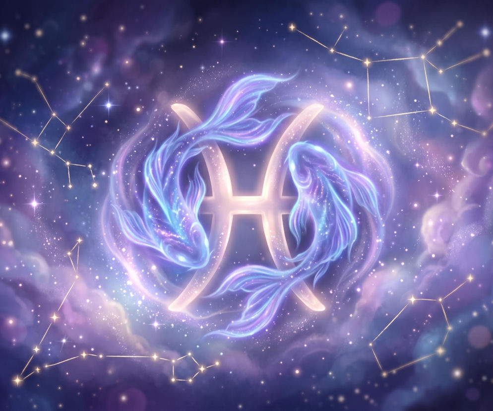 Dwie lśniące ryby na tle kosmosu i symbolu zodiaku. O horoskopie finansowym dla Ryb przeczytasz w Eska.