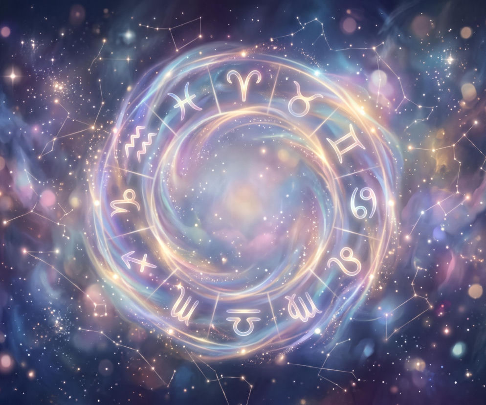 Świecący koło zodiaku z symbolami astrologicznymi na tle gwieździstego nieba. O horoskopie przeczytasz na VOX FM.