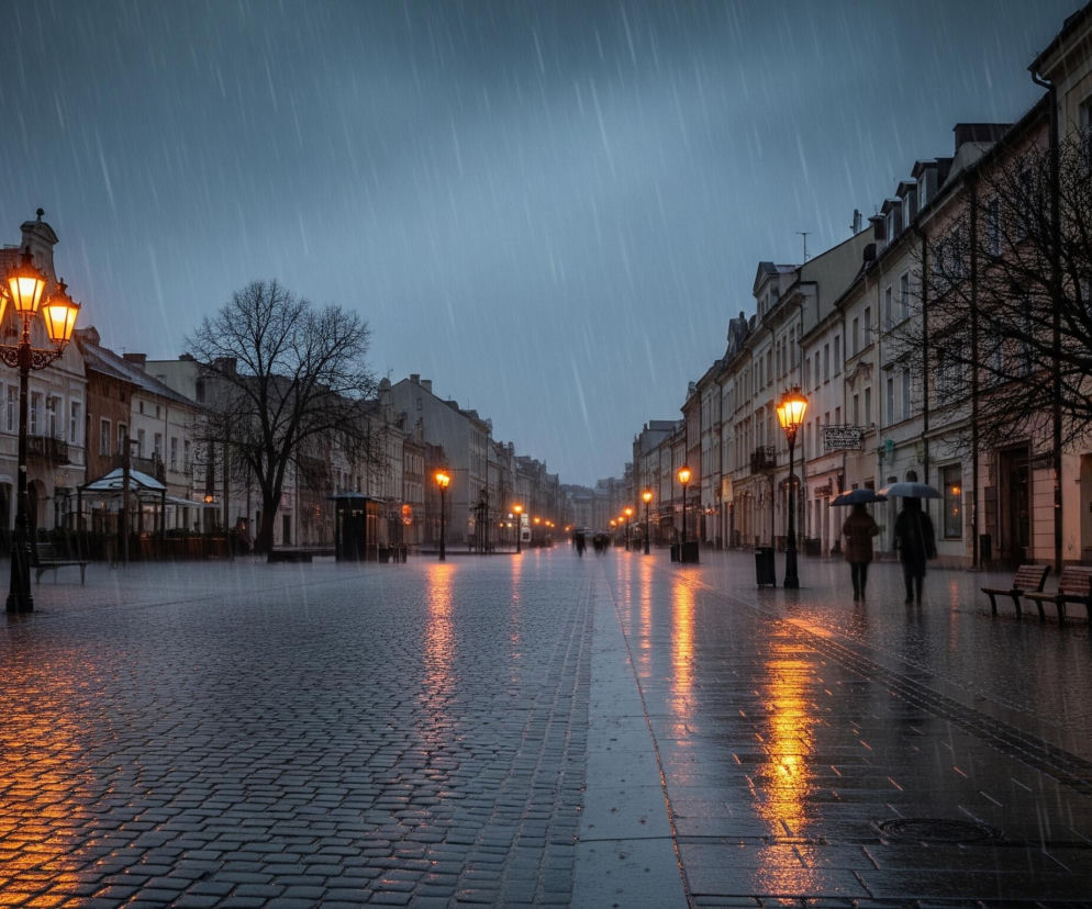 Uliczna perspektywa ukazuje brukowaną aleję w deszczowy dzień, z rzędami kamienic po obu stronach. Lampiony uliczne z ciepłym, pomarańczowym światłem oświetlają mokry bruk, tworząc długie, rozmazane refleksy na jego powierzchni, podkreślone spadającymi kroplami deszczu. Po prawej stronie widać ludzi z parasolkami idących w oddali, a po lewej stronie, bliżej obiektywu, stoi latarnia z trzema świecącymi kloszami. Bezlistne drzewa stojące wzdłuż ulicy oraz ciemne, szare niebo, z widocznymi smugami deszczu, nadają scenie melancholijny, wieczorny nastrój.