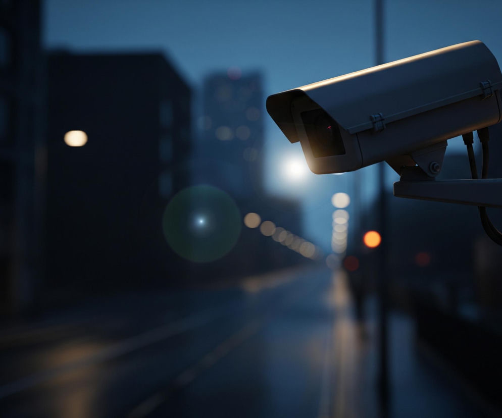 Szara kamera monitoringu, zamontowana na ciemnym słupie po prawej stronie obrazu, jest skierowana lekko w lewo, z czerwonym światłem widocznym w jej obiektywie. Tło stanowi rozmyta miejska ulica o zmierzchu lub w nocy, z widocznymi światłami ulicznymi i budynkami, w tym jeden wysoki z delikatnie zarysowanymi oknami. Oświetlona jezdnia z białymi liniami prowadzi w głąb obrazu, a cała scena utrzymana jest w chłodnych odcieniach błękitu i granatu, z nielicznymi ciepłymi akcentami świetlnymi.