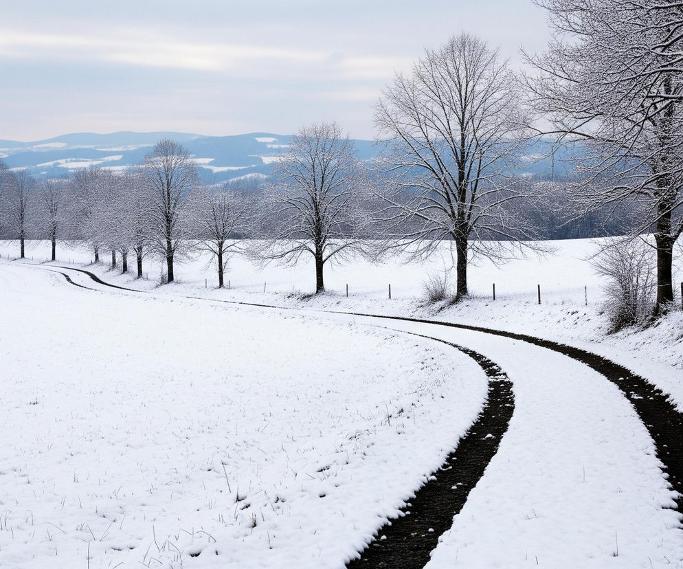 Polna droga pokryta śniegiem wije się przez zaśnieżony krajobraz, zakręcając w prawo w kierunku środka obrazu. Po prawej stronie drogi rosną drzewa z nagimi gałęziami, pokrytymi białym śniegiem, tworząc linię od bliższego planu do horyzontu. Po lewej stronie drogi rozciąga się otwarte, zaśnieżone pole z widocznymi zarysami bruzd, a w oddali majaczą pokryte śniegiem wzgórza pod jasnym, zachmurzonym niebem.