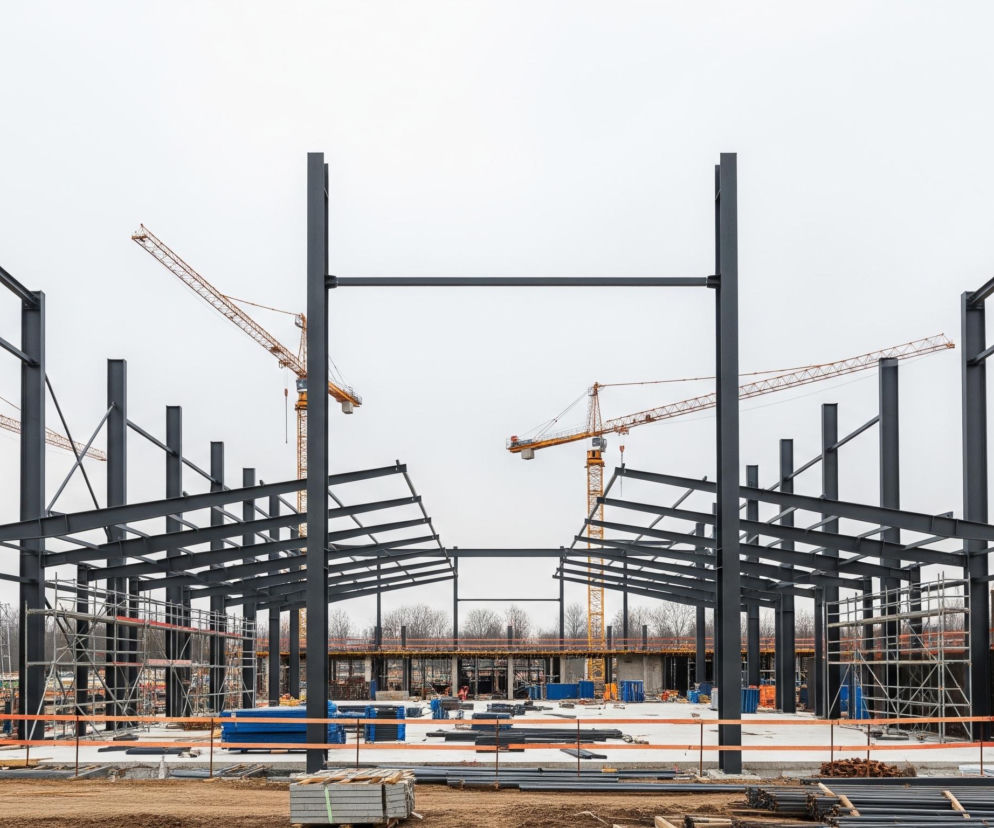 Na pierwszym planie widoczna jest konstrukcja szkieletu budynku ze stalowych belek i słupów w ciemnoszarym kolorze. W tle pracuje kilka żółtych dźwigów budowlanych o długich wysięgnikach, rozmieszczonych po obu stronach centralnej części budowy. Obraz przedstawia plac budowy z częściowo wzniesionymi ścianami i rusztowaniami, otoczony pomarańczowymi taśmami ostrzegawczymi. Działka budowlana, pokryta ziemią i porozrzucanymi materiałami budowlanymi, rozciąga się pod szarym, zachmurzonym niebem.