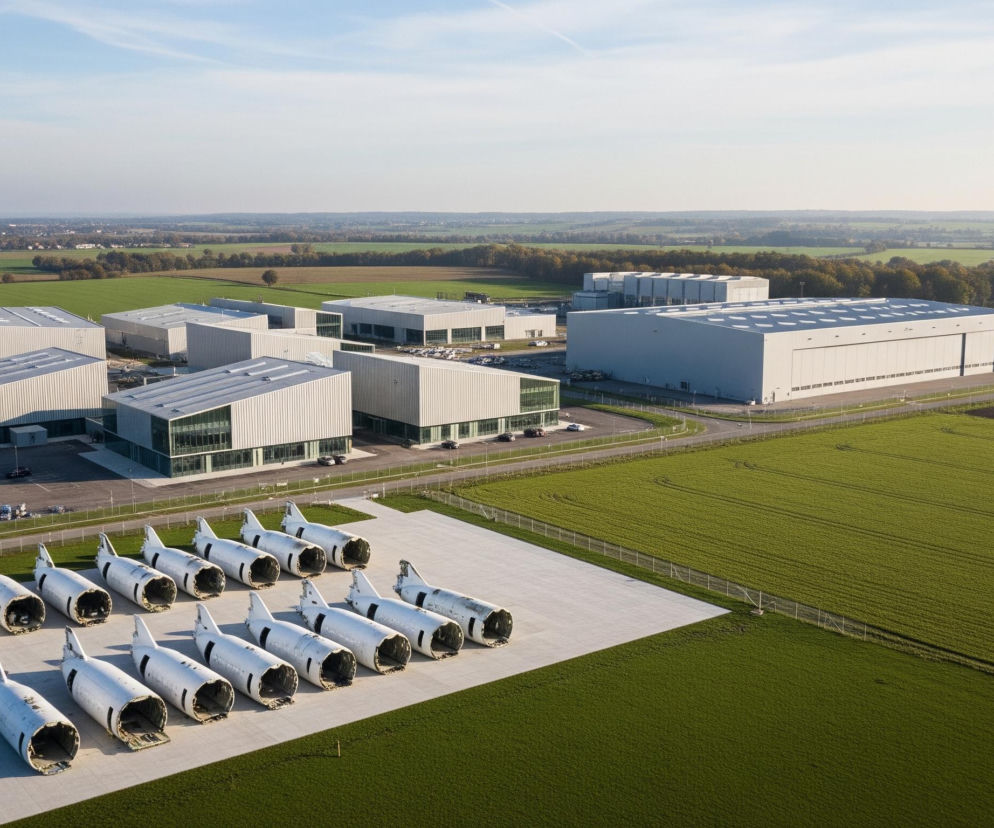 Na pierwszym planie, po lewej stronie, rozciąga się równa, jasnoszara, betonowa płyta, na której ułożono trzy rzędy jasnoszarych, cylindrycznych kadłubów samolotów, przypominających kadłuby myśliwców, z otwartymi tylnymi sekcjami i wyraźnymi statecznikami pionowymi. Każdy rząd zawiera od sześciu do ośmiu sztuk, a wszystkie skierowane są w prawą stronę. Płyta ta otoczona jest intensywnie zielonymi, trawiastymi polami, oddzielonymi od niej niskim drucianym ogrodzeniem.

W tle, po lewej stronie i w centrum, widać rozległy kompleks nowoczesnych budynków przemysłowych, charakteryzujących się jasnymi, metalicznymi elewacjami i dużymi przeszklonymi powierzchniami. Budynki te są różnej wielkości, z dominującą, dużą halą po prawej stronie, a przed nimi znajdują się parkingi z zaparkowanymi samochodami. Cały teren otacza pasmo zielonych drzew i dalsze, pofałdowane tereny rolnicze o różnych odcieniach zieleni i brązu, rozciągające się aż po horyzont pod błękitnym niebem z kilkoma smugami kondensacyjnymi.