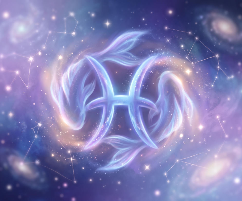 Świecący symbol zodiakalnych Ryb na tle gwieździstego kosmosu. O horoskopie dla Ryb przeczytasz na Eska.