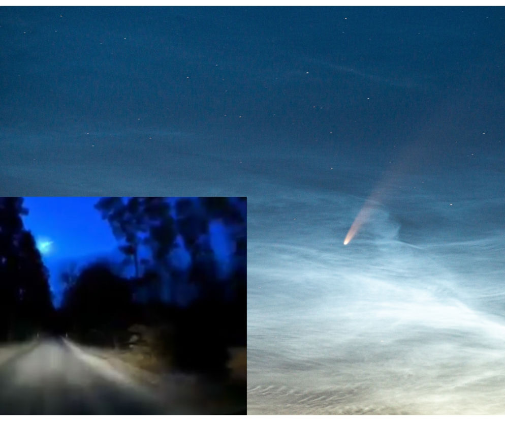 Meteor (nad mniejszym obrazku), który przeleciał w piątek nad zachodnią Polską