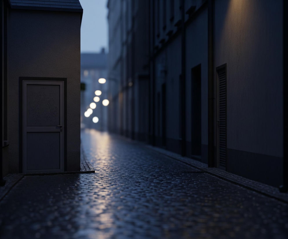 Wąska, brukowana uliczka rozciąga się w głąb obrazu, otoczona wysokimi, ciemnymi budynkami. Nawierzchnia drogi jest mokra i odbija światło, tworząc refleksy. Po lewej stronie, na pierwszym planie, stoi szary budynek z prostymi drzwiami, które posiadają niewielkie, kwadratowe okienko w górnej części. W oddali, na końcu ulicy, widać szereg jasnych, rozmytych świateł, tworzących efekt bokeh. Całość utrzymana jest w ciemnej palecie barw, głównie w odcieniach granatu i szarości, z kilkoma punktowymi źródłami światła o ciepłej barwie.