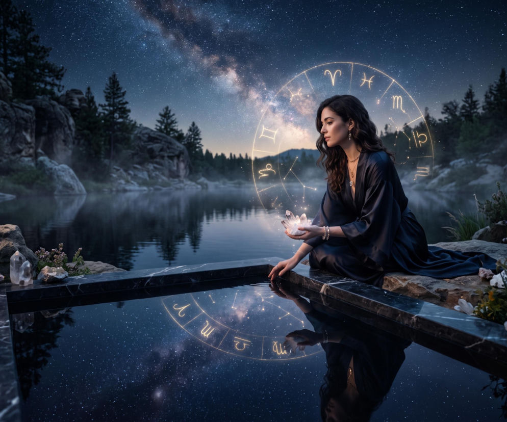 Kobieta nad jeziorem trzyma świecący kryształ pod kręgiem zodiaku. O horoskopie dziennym przeczytasz na SE.