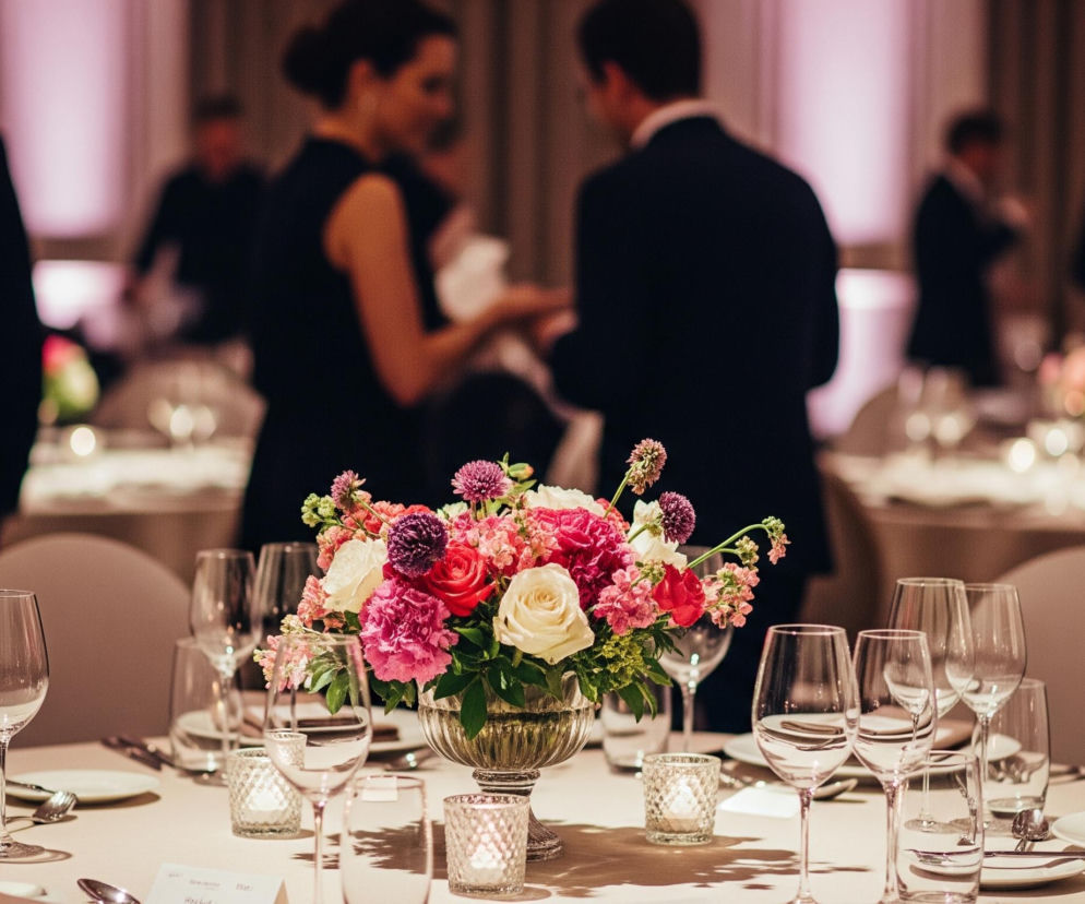 Na pierwszym planie, centralnie, stoi duży bukiet świeżych kwiatów w szklanym, zdobionym naczyniu. Kwiaty są w różnych odcieniach różu, czerwieni, bieli i fioletu, z zielonymi liśćmi, dodającymi świeżości. Wokół bukietu, na jasnym obrusie, ustawione są eleganckie nakrycia stołowe: szklane kieliszki do wina i wody, talerze, sztućce oraz małe, szklane świeczniki z palącymi się świecami, rzucające ciepłe światło. W tle, rozmyte postacie w formalnych strojach, w większości w ciemnych garniturach, stoją lub poruszają się, sugerując eleganckie przyjęcie lub bankiet, oświetlone subtelnym, różowo-fioletowym światłem z góry.