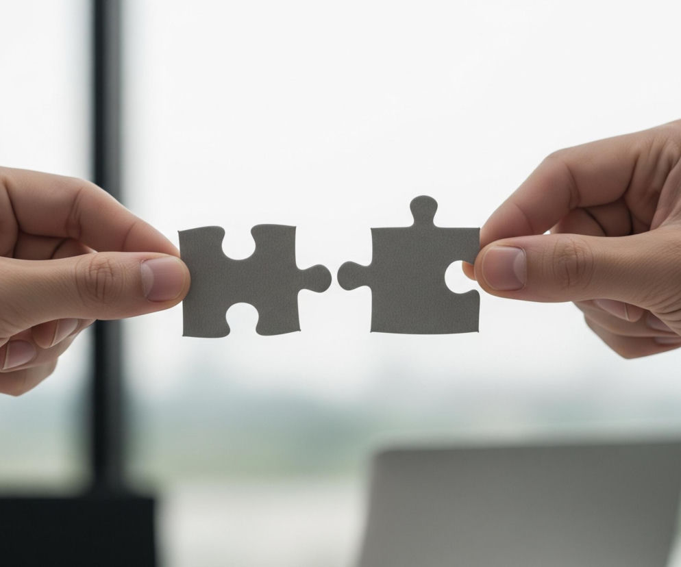 Dwie dłonie, jedna z lewej strony, druga z prawej, trzymają dwie oddzielne szare części puzzli. Każda dłoń jest blisko środka kadru i wydaje się, że zamierza połączyć elementy. Tło jest rozmyte, ale widać jasne, białe i szare plamy, sugerujące obecność okna oraz ciemniejsze, pionowe elementy przypominające ramy lub przegrody. U dołu po prawej stronie kadru widoczny jest fragment rękawa ciemnej marynarki z białym mankietem koszuli.