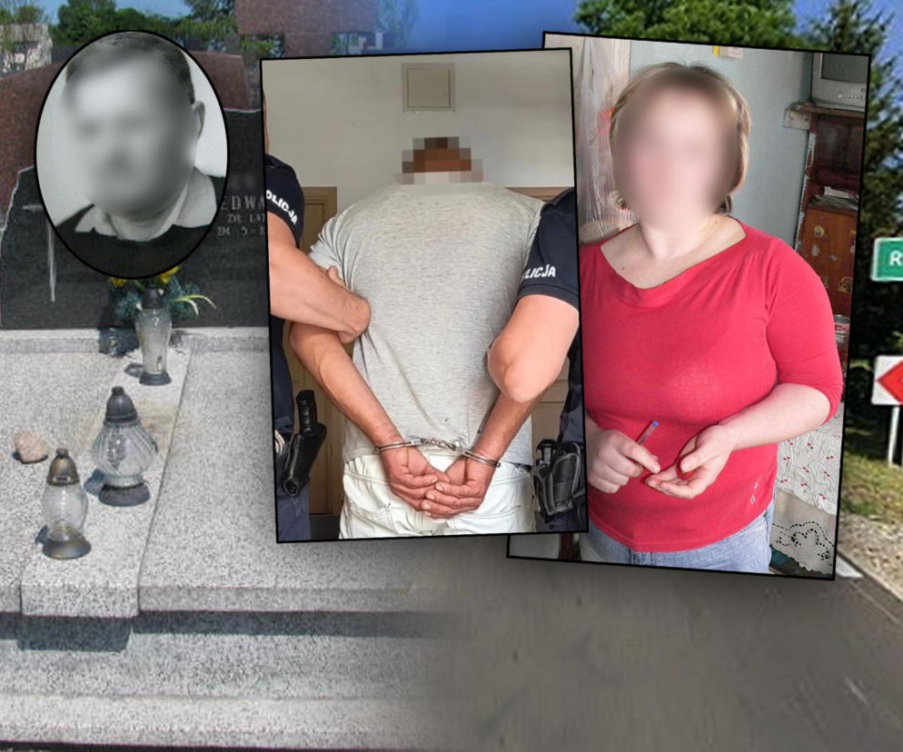 Grób zmarłego i tablica z napisem Rębków. Obok zdjęcia sprawcy w kajdankach i rannej kobiety. Szczegóły zbrodni w SE.