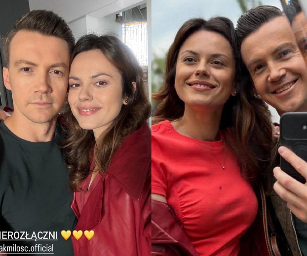 Kasia (Paulina Lasota) i Jakub (Krzysztof Kwiatkowski) z M jak miłość pozują do wspólnych zdjęć. Widać dwie fotografie aktorów, na jednej Kasia ma na sobie czerwoną bluzkę i czerwoną narzutkę, a na drugiej ciemną bluzkę i czerwoną narzutkę. Artykuł o ich relacji znajdziesz na Super Seriale.