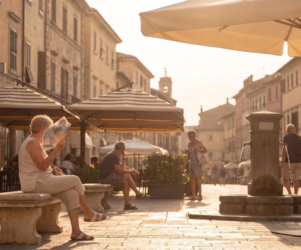 Kobieta wachlująca się na placu w upalny dzień. O rekordach temperatur w Europie przeczytasz na serwisie Eska.