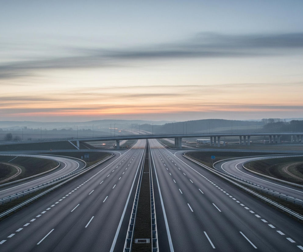 Asfaltowa autostrada z wyraźnymi białymi pasami i metalowymi barierami ochronnymi biegnie centralnie przez kadr, rozgałęziając się i krzyżując z innymi drogami, tworząc skomplikowany węzeł drogowy. Nad nią, w tle, widoczny jest betonowy wiadukt. Horyzont z mglistymi wzgórzami i pasmami drzew łączy się z rozległym niebem, które przechodzi od błękitnoszarego na górze, przez jaśniejszy horyzont, do subtelnych różowo-pomarańczowych odcieni zachodu słońca.