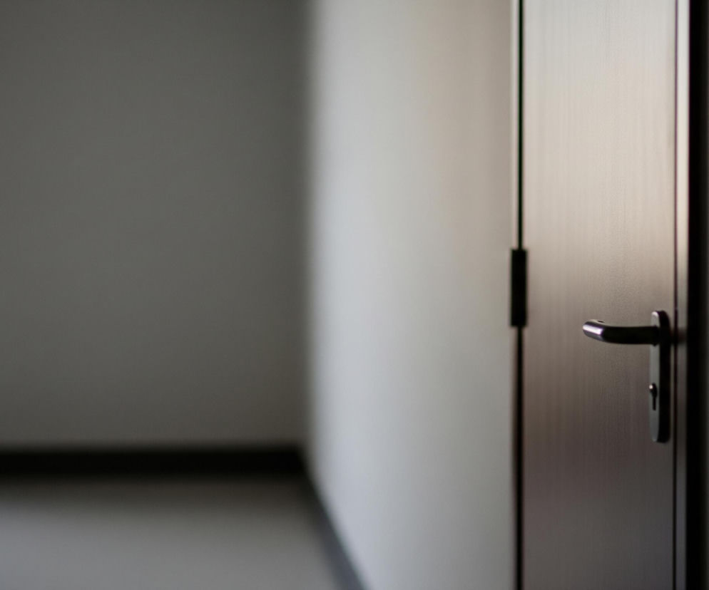 W prawym kadrze zdjęcia widoczne są brązowe drzwi z czarną klamką i zamkiem, częściowo oświetlone z lewej strony, tworzące gradient tonalny na ich powierzchni. Po lewej stronie drzwi, poza ostrością, rozciąga się przestrzeń o szarych ścianach i jaśniejszej podłodze, z ciemną listwą oddzielającą ścianę od podłogi. Tło jest nieostre, tworząc miękkie przejście barw i rozmyte kształty, kontrastując z ostrością drzwi. Dominują neutralne kolory: różne odcienie szarości, brązu i czerni.