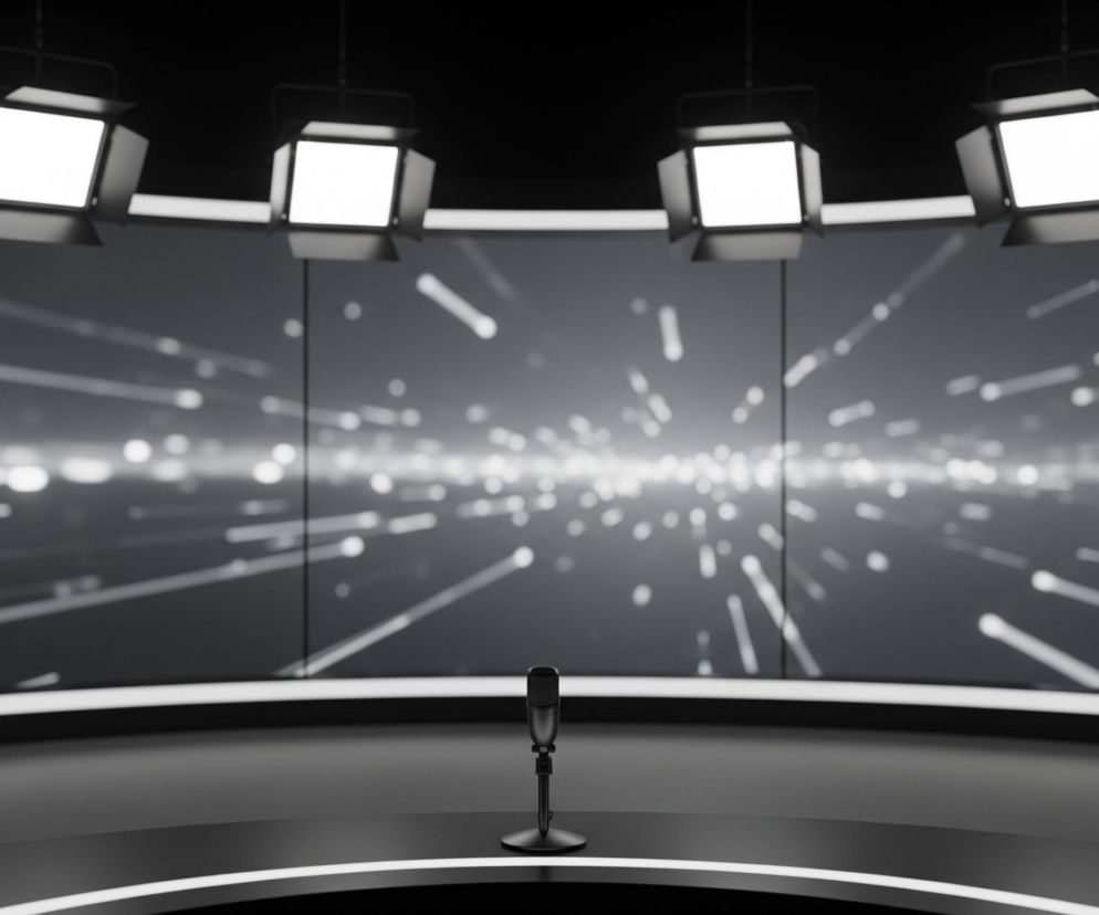 Na pierwszym planie, centralnie, umieszczony jest czarny mikrofon na stojaku, na okrągłej, ciemnoszarej powierzchni biurka. Biurko jest półokrągłe, z lśniącym, białym paskiem biegnącym wzdłuż jego krawędzi. Za biurkiem znajduje się duży, zakrzywiony ekran o ciemnoszarym tle, na którym widoczne są rozmyte, jasne smugi i punkty, rozchodzące się od środka, tworząc wrażenie ruchu. Nad ekranem, pod czarnym sufitem, zawieszone są cztery białe, świecące lampy studyjne z czarnymi osłonami.