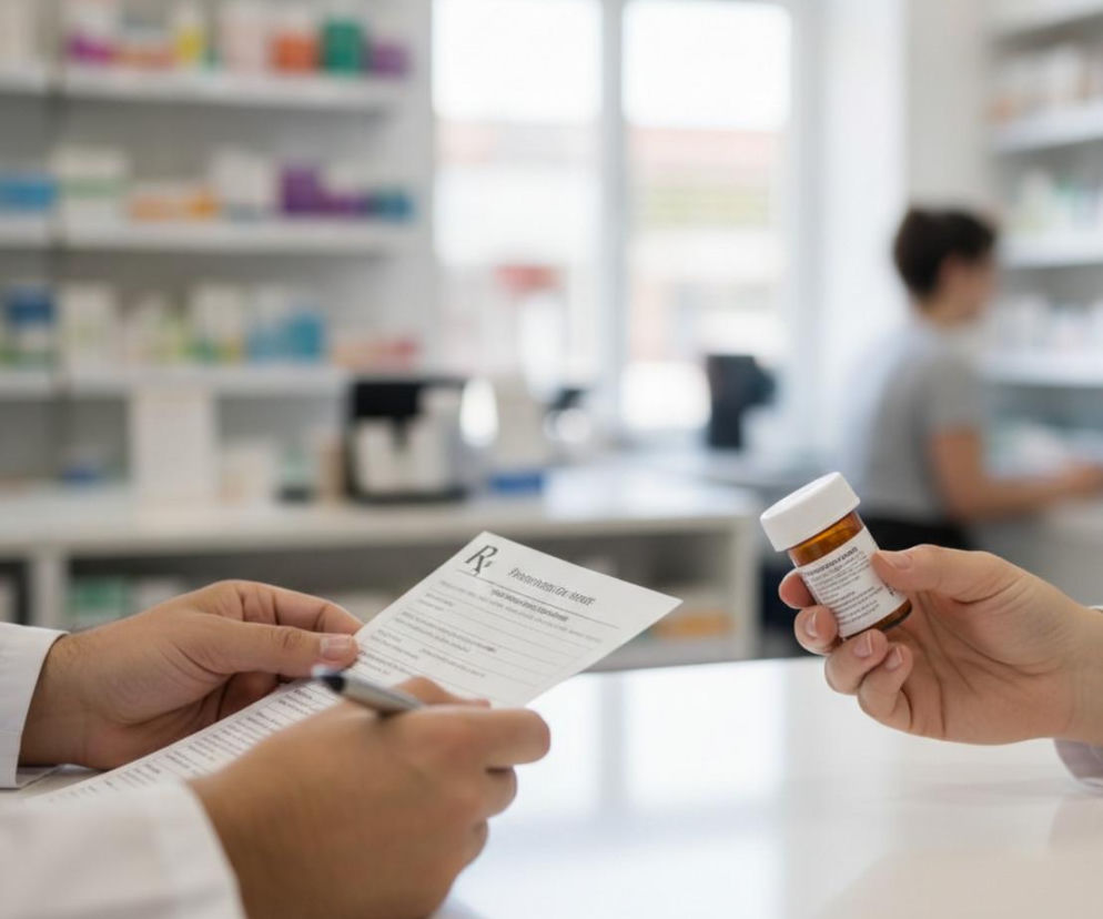 Ręce lekarza z receptą i farmaceuty z lekiem. O zmianach w leczeniu uzależnień przeczytasz na Poradnik Zdrowie.