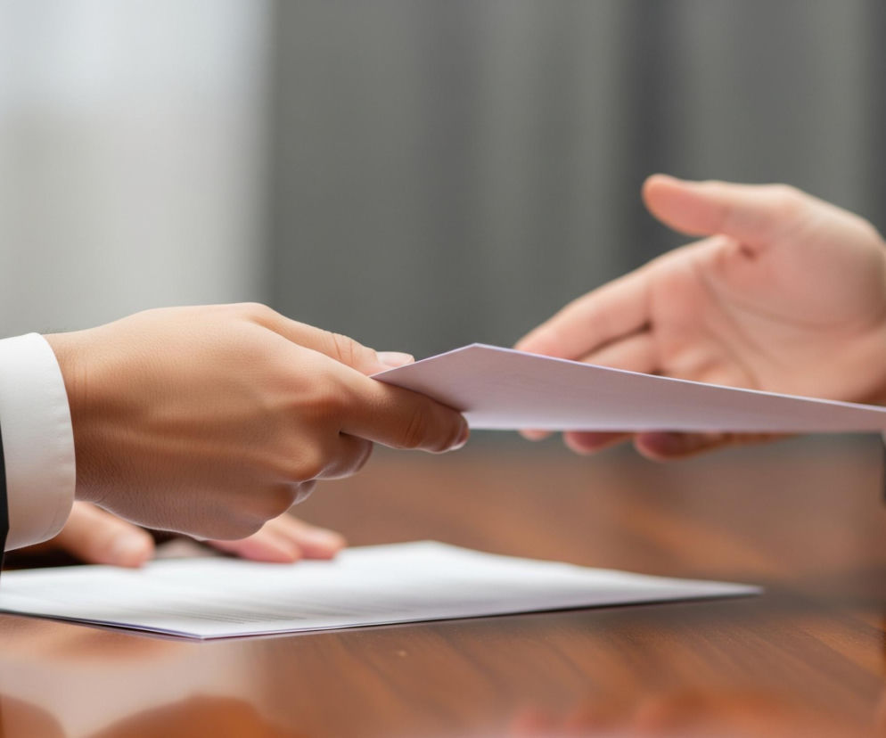 Dwie ludzkie dłonie w eleganckich strojach wymieniają dokumenty. Lewa dłoń, ubrana w ciemną marynarkę i białą koszulę z mankietem, podaje różowy arkusz papieru. Prawa dłoń, również w ciemnej marynarce i białej koszuli, wyciąga się, aby odebrać ten dokument. Obie dłonie i dokument znajdują się nad błyszczącym, drewnianym blatem stołu, na którym leży stos białych kartek. Tło jest rozmyte, ukazując jaśniejsze i ciemniejsze odcienie szarości.