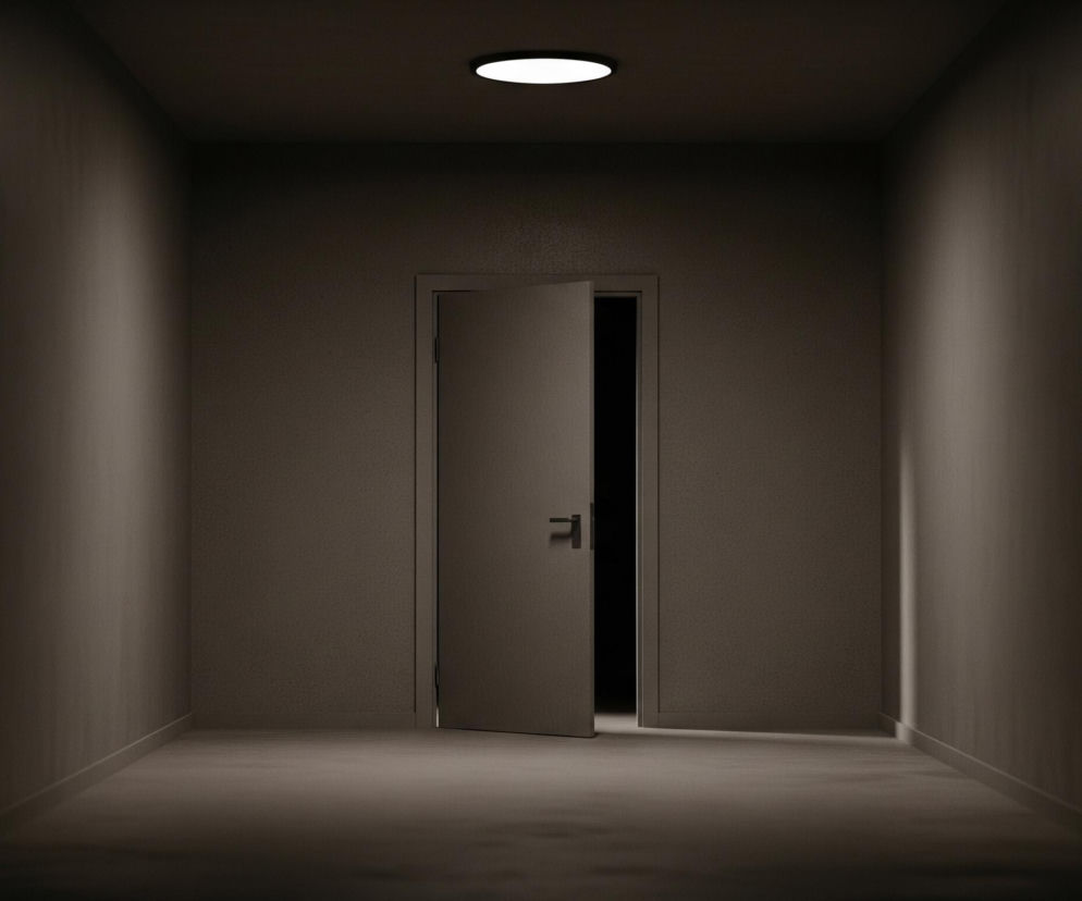 Długi, ciemny korytarz z drzwiami na wprost, lekko uchylonymi na ciemność, prowadzi do niezidentyfikowanego wnętrza. Nad drzwiami na suficie znajduje się jedyne źródło światła – okrągła, jasna lampa. Ściany i podłoga korytarza są jednolicie beżowe, o ziarnistej teksturze, tworząc atmosferę pustki i niepewności.