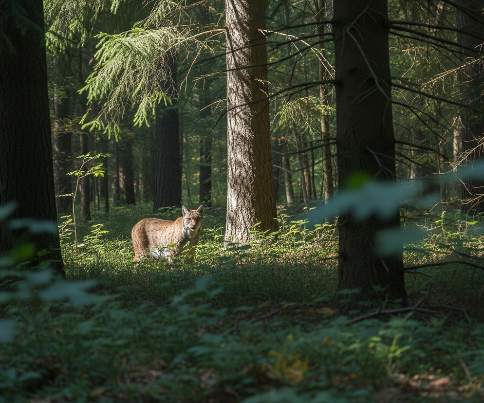 Rysia, o cętkowanym, brązowo-rudym futrze, stoi zwrócona w stronę widza, rozświetlona smugami słońca padającymi zza drzew. Znajduje się w środku gęstego, iglastego lasu, gdzie wysokie pnie drzew dominują w kompozycji, a jasnozielony mech i roślinność pokrywają dno lasu. Przed nią i po bokach, na pierwszym planie, rozmyte gałęzie i liście tworzą warstwę bokeh, podkreślając głębię obrazu.