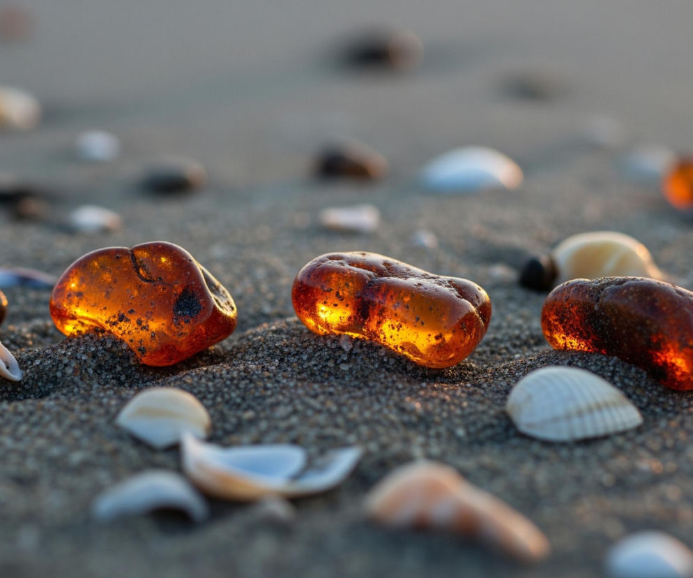 Cztery nieregularne kawałki bursztynu, mieniące się w odcieniach pomarańczu i brązu, leżą na piaszczystej plaży. Słońce, padające z boku, podświetla je od wewnątrz, tworząc intensywne, ciepłe refleksy. Wokół bursztynów oraz w tle rozrzucone są białe i beżowe muszle o różnych kształtach, a także mniejsze kamyki i ziarenka piasku.