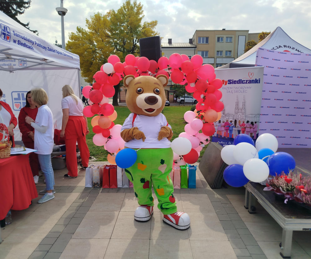 Pluszowy miś na tle serca z balonów podczas pikniku w Siedlcach. Relację z wydarzenia znajdziesz w Eska Siedlce.