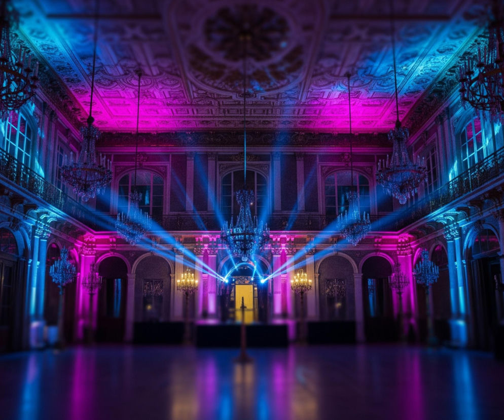 Obszerna, bogato zdobiona sala jest oświetlona fioletowymi i niebieskimi światłami, tworząc dynamiczną grę barw na ścianach i sufitach. Pośrodku sufitu zwisa duży, ozdobny żyrandol, a kilka mniejszych żyrandoli widać po bokach, wszystkie w barwach światła. Promienie światła, głównie niebieskie, przecinają przestrzeń, biegnąc od centrum ku górze i do boków. Na dole widoczna jest lśniąca, pusta podłoga, odzwierciedlająca światła, a w tle widać ozdobne okna i drzwi, wraz z ciemnymi, niewyraźnymi elementami przypominającymi meble lub ekrany.