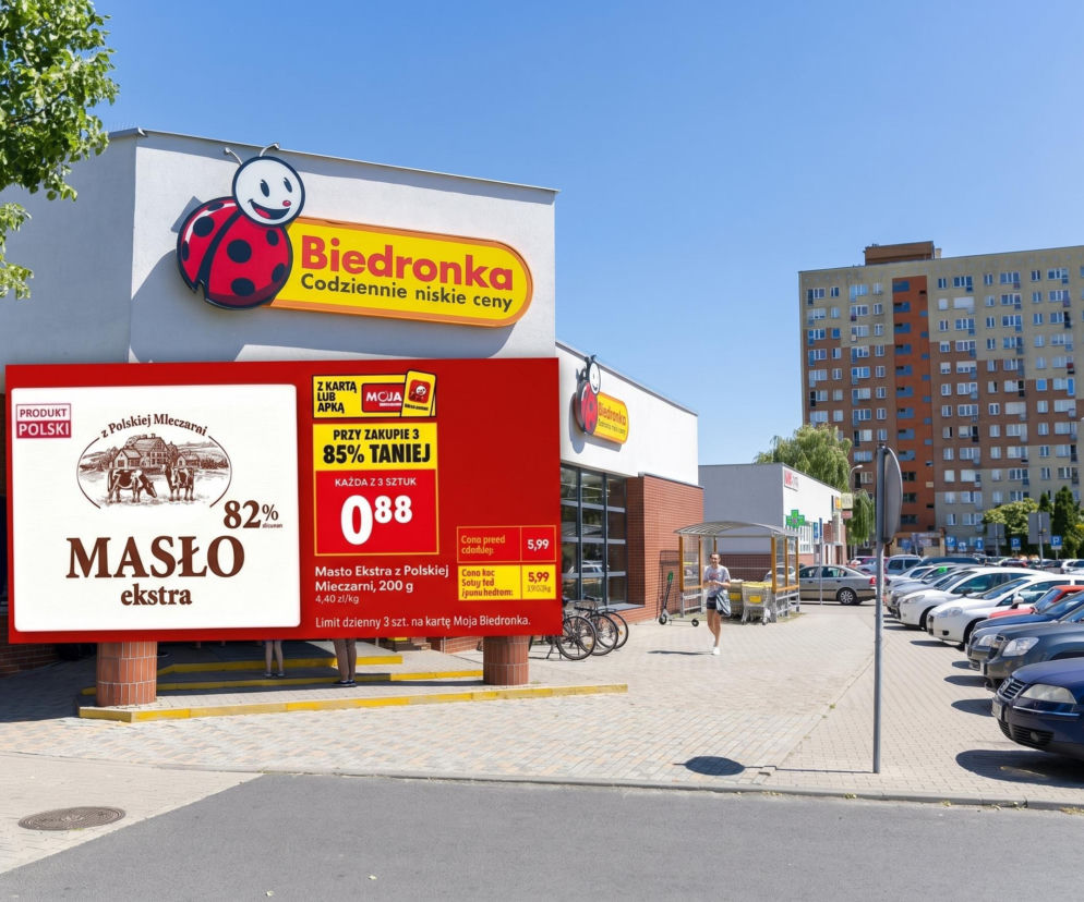 Baner reklamowy Biedronki z promocją na masło ekstra z polskiej mleczarni za 0,88 zł przy zakupie trzech sztuk z kartą Moja Biedronka, na tle wejścia do sklepu i parkingu. Więcej o ofertach Biedronki przeczytasz na Super Biznes.