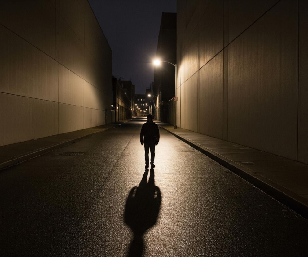 Pojedyncza osoba idzie po ciemnej, mokrej ulicy, oddalając się od obserwatora, z podświetlonymi plecami i rzucając długi cień przed siebie. Ulica jest otoczona wysokimi, gładkimi ścianami budynków po obu stronach, które odbijają światło z lamp ulicznych widocznych dalej w perspektywie. Całość sceny jest oświetlona ciepłym, żółtawym światłem, kontrastującym z ciemnym, granatowym niebem.