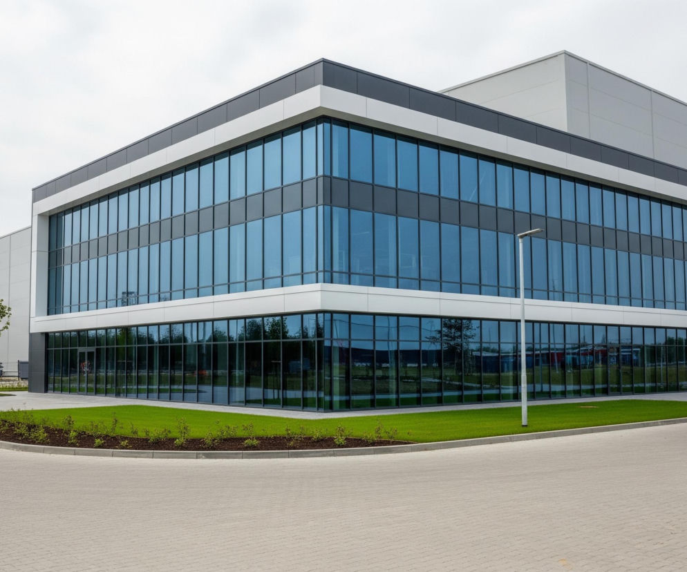 W centrum obrazu znajduje się nowoczesny budynek biurowy o dwóch kondygnacjach, z elewacją częściowo wykonaną z dużych, prostokątnych, niebieskich tafli szkła, otoczonych ciemnymi ramami i akcentami w kolorze białym i ciemnoszarym. Za nim i po prawej stronie rozciąga się większy, jasnoszary budynek magazynowy lub produkcyjny, ze ścianami z paneli. Przed budynkami leży zielony trawnik i rabaty z niskimi roślinami, otoczone jasnoszarymi płytami chodnikowymi, a w oddali po lewej stronie widoczne są duże, srebrne zbiorniki przemysłowe oraz kilka młodych drzew. Całość znajduje się pod jasnym, zachmurzonym niebem.