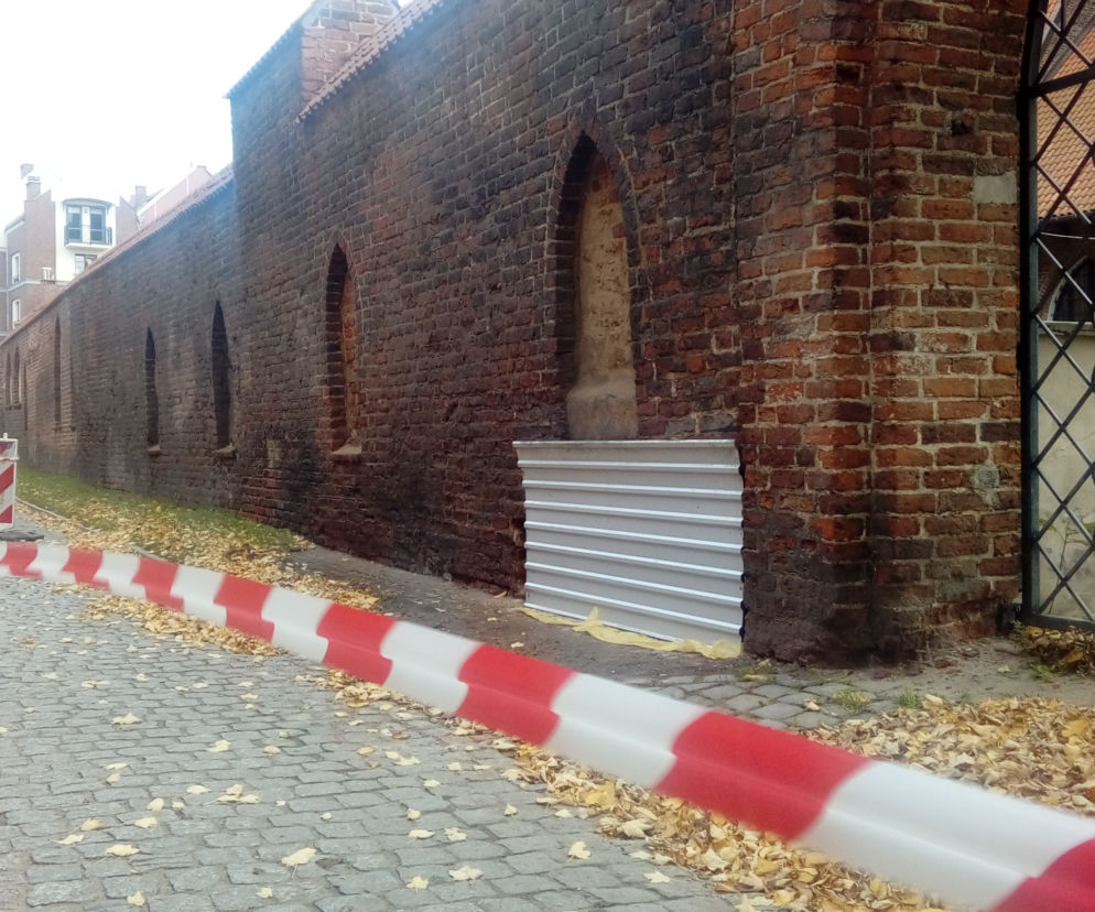 Osypujący się średniowieczny mur przy Wałowej w Elblągu