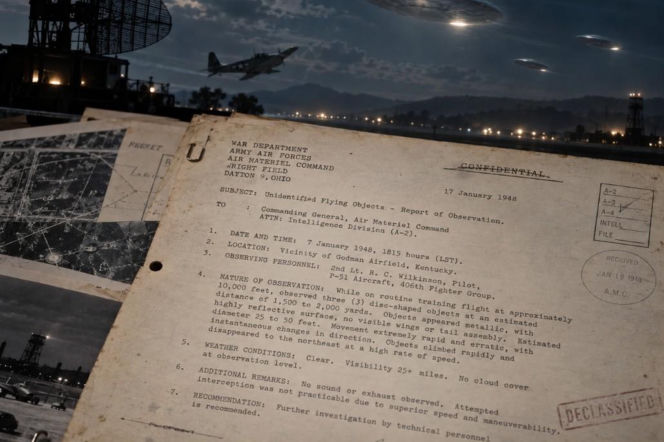 Odtajniony raport o UFO z 1948 roku na tle nocnego lotniska z radarem i obiektami na niebie. O szczegółach przeczytasz na Eska.