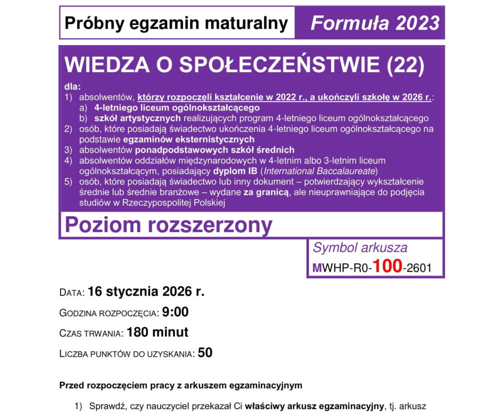 Próbna matura 2026: WOS. Arkusze CKE, pytania i odpowiedzi z WOS-u [16.01.2026]
