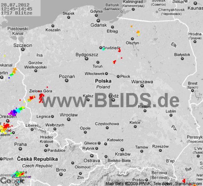 Burze w Polsce, 28.07.2012 - MAPA z godz. 12.45-14.45