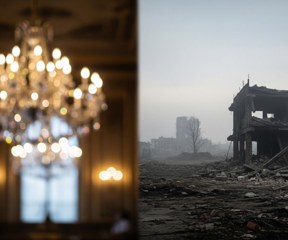 Obraz podzielony jest na dwie wyraźne części. Lewa strona przedstawia wnętrze eleganckiego pomieszczenia z dużym, bogato zdobionym żyrandolem z licznymi świecącymi żarówkami i kryształkami, widocznym w centrum kadru, w większości nieostrym. Tło stanowią ciemnobrązowe ściany i zarysy wysokich okien, z których wpada rozproszone, jasne światło, tworząc ciepłą, rozmytą atmosferę.

Prawa strona to ponury krajobraz ruin w szarej, mglistej aurze, zniszczony budynek o ciemnych ścianach i widocznych elementach konstrukcyjnych, stoi na pierwszym planie po prawej stronie. Dookoła niego leży gruz, cegły i połamane elementy betonowe. W tle, w gęstej mgle, widać zarys kolejnych zniszczonych budynków i samotne, bezlistne drzewo, co potęguje wrażenie pustki i zniszczenia.