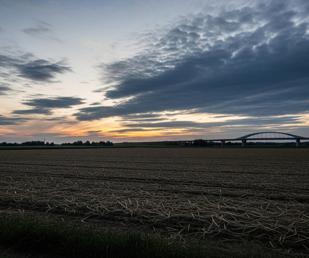 Krajobraz oświetlony zachodzącym słońcem ukazuje na pierwszym planie pole uprawne, pokryte ciemną ziemią z widocznymi resztkami suchych łodyg i pędów, rozciągające się aż do linii horyzontu. W oddali, pośrodku kadru, rozciąga się pas ciemnozielonych drzew, za którym widoczny jest długi, niebiesko-szary most, podtrzymywany przez widoczne łukowe elementy konstrukcyjne. Niebo, zajmujące górną część obrazu, przechodzi od jasnych, pomarańczowo-żółtych barw przy horyzoncie, stopniowo w ciemne, błękitno-szare odcienie, z wyraźnymi kłębiastymi chmurami w górnej części.
