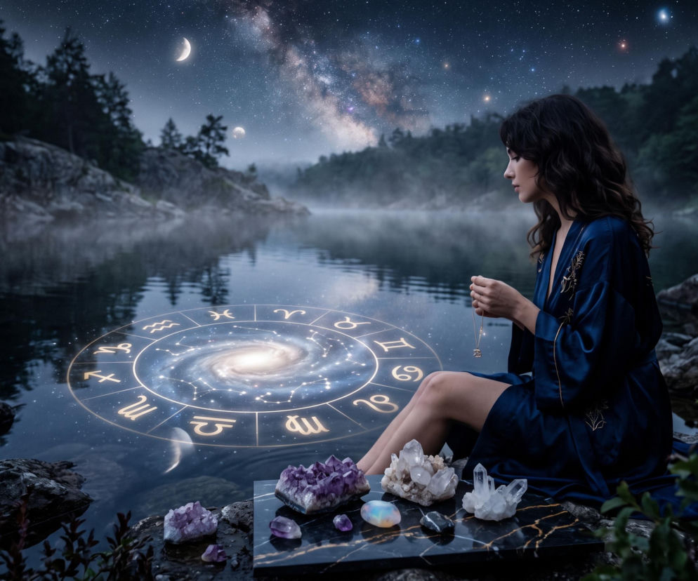 Kobieta nad jeziorem nocą z tarczą zodiakalną. O horoskopie dziennym na 6 lipca przeczytasz na SE.