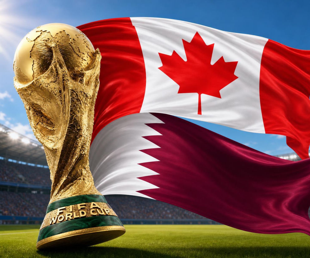 Puchar Świata FIFA na tle powiewających flag Kanady i Kataru, symbolizujący rywalizację tych drużyn na Mundialu 2026. Szczegółowe informacje o meczu i statystyki przeczytasz na naszym portalu.