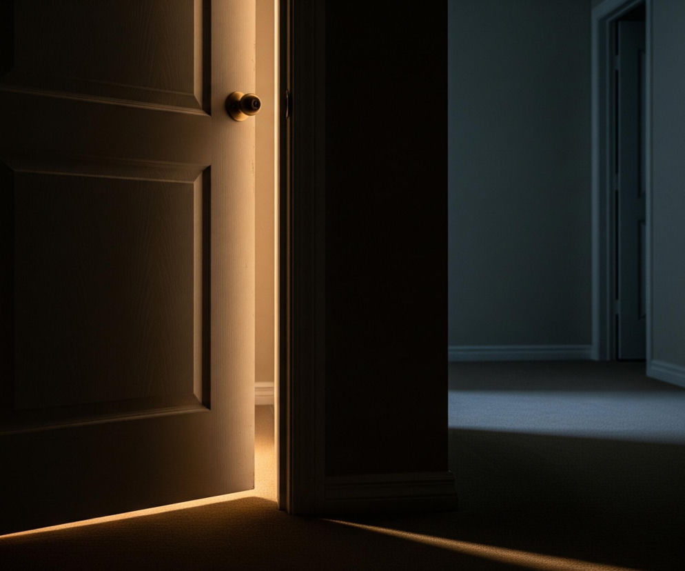 Białe, częściowo otwarte drzwi zajmują lewą stronę kadru, oświetlone ciepłym, żółtawym światłem, które wydobywa się zza nich. Odbija się ono od krawędzi drzwi i złotobrązowej klamki, rzucając wydłużony cień na dywanową podłogę. Pomieszczenie po prawej stronie jest znacznie ciemniejsze, oświetlone jedynie słabym, niebieskawym światłem padającym na szare ściany i dywan, z widocznym białym listwowaniem przy podłodze.
