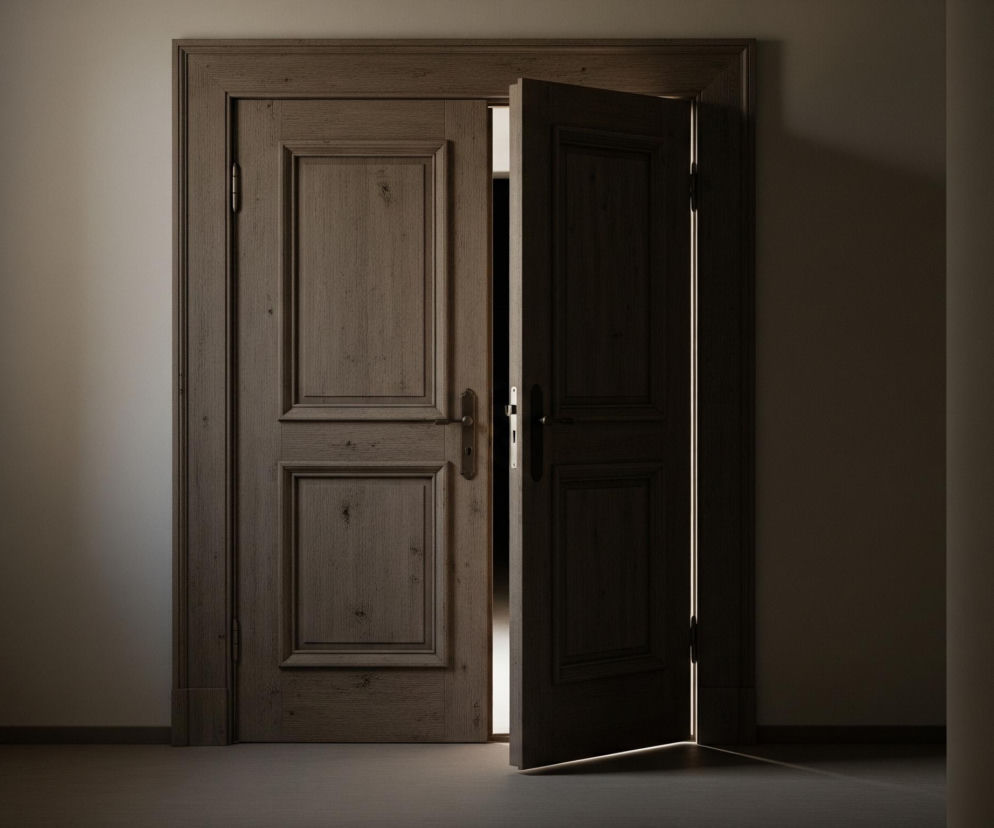 Dwoje drewnianych, dwuskrzydłowych drzwi stoi częściowo otwartych w centrum kadru, osadzone w beżowej ścianie. Lewe skrzydło jest zamknięte, z jasnym pionowym zawiasem i ozdobnymi panelami, natomiast prawe skrzydło uchyla się lekko do wewnątrz, ukazując jasną, pionową szczelinę światła. Jasne światło przedostaje się również spod uchylonych drzwi, rzucając wydłużony cień na podłogę. Otoczenie jest w półcieniu, z jaśniejszą ścianą po lewej stronie i ciemniejszą po prawej, kontrastującą z ciepłym blaskiem wydobywającym się z wnętrza.