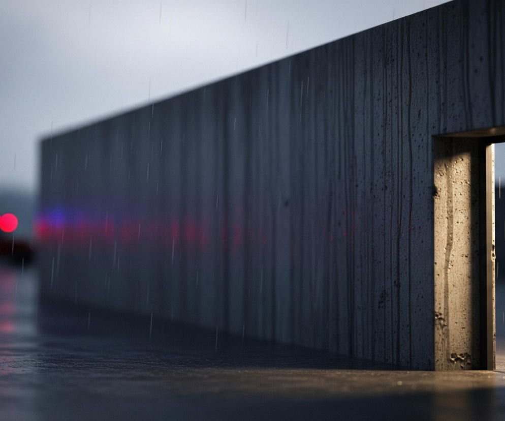 Na pierwszym planie, z prawej strony, znajduje się otwarta, prostokątna framuga drzwiowa o chropowatej, betonowej fakturze, z wyraźnym światłem wydobywającym się z wnętrza i rozświetlającym podłoże. Dalsza część kadru zdominowana jest przez długą, poziomą ścianę o ciemnoszarej, także betonowej powierzchni, na której widoczne są pionowe, ciemniejsze pasy, przypominające zacieki. Cała scena skąpana jest w deszczu, którego pionowe krople są widoczne w powietrzu i na mokrych powierzchniach. W tle, po lewej stronie, rozmazane, rozproszone światła w kolorach czerwonym i niebieskim, odbijają się na mokrym podłożu, sugerując obecność pojazdu z sygnałami świetlnymi.