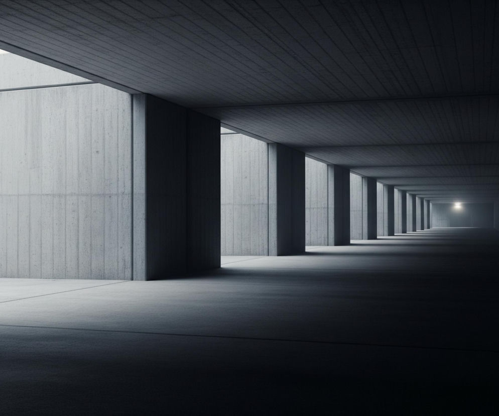 Długi korytarz z betonu architektonicznego rozciąga się w głąb, tworząc perspektywę zbiegającą się w oddali, gdzie widoczne jest jasne, oślepiające światło. Po lewej stronie korytarza znajduje się szereg równoległych betonowych filarów, oddzielających go od jaśniejszej przestrzeni zewnętrznej lub bocznej, przez którą wpada rozproszone światło. Sufit i prawa ściana korytarza są znacznie ciemniejsze i posiadają wyraźną, prążkowaną teksturę, natomiast podłoga, wykonana z tego samego materiału, przechodzi od jasnego cienia na pierwszym planie do głębokiego cienia w miarę oddalania się od źródła światła.