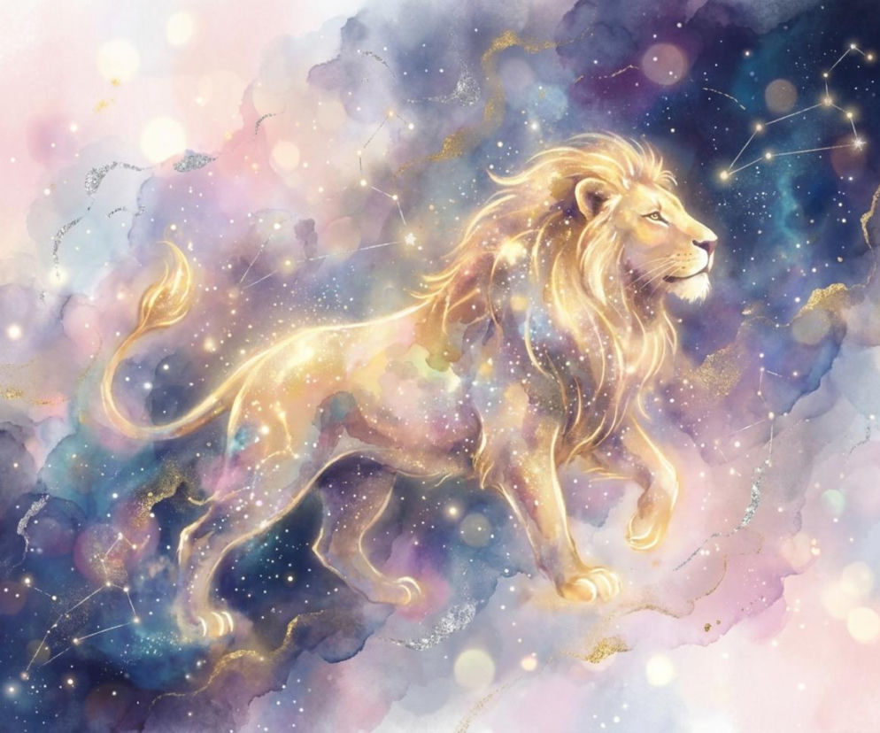 Ilustracja przedstawia majestatycznego lwa, który symbolizuje znak zodiaku Lew, kroczącego po mistycznym, rozgwieżdżonym niebie, pełnym obłoków i lśniących punktów światła. Obok widoczna jest konstelacja Lwa, a kolory tła przechodzą od delikatnych pasteli po głębokie odcienie fioletu i błękitu, co podkreśla horoskopowy charakter grafiki, o którym można przeczytać na naszym portalu.
