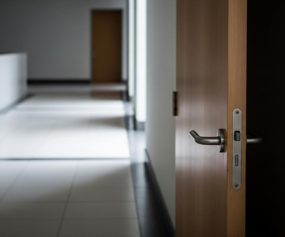 Półotwarte drewniane drzwi z metalową klamką i zamkiem wypełniają prawą część kadru, ukazując jasne usłojenie drewna i ciemną przestrzeń za nimi. W oddali, w centrum kompozycji, znajduje się długi, pusty korytarz wyłożony jasnymi, kwadratowymi płytkami, z odbijającymi się od nich cieniami. Po lewej stronie korytarza widoczny jest biały, prostokątny obiekt przypominający ladę recepcyjną lub biurko, a na jego końcu kolejne ciemne drzwi. Całość utrzymana jest w stonowanej kolorystyce szarości, bieli i brązu, z delikatnymi przejściami światła i cienia.